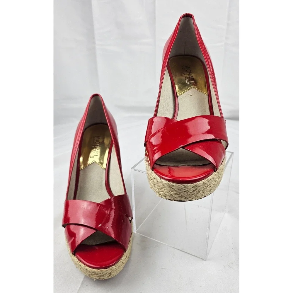 Michael Kors Red Patent Leather Espadrille Platform Wedge Heels Shoes Size 7.5